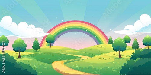 illustration of a cartoon rainbow over green hills with trees and a road, with a simple background