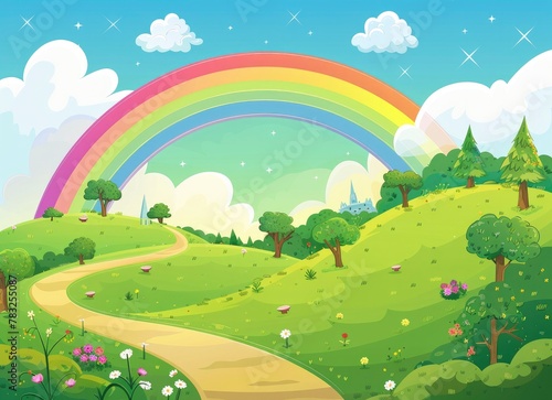 illustration of a cartoon rainbow over green hills with trees and a road  with a simple background