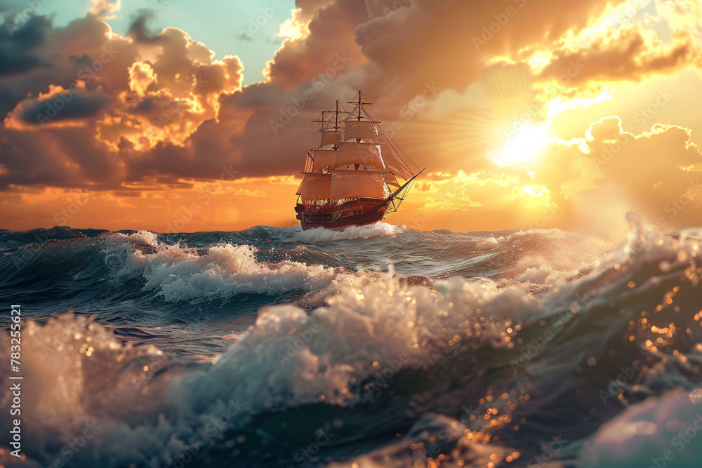Sailing ship on ocean waves at sunset