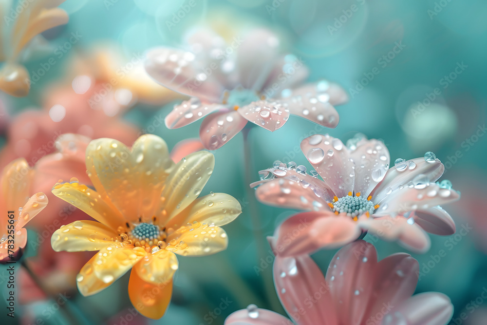 Fototapeta premium Colorful pastel flowers with water drops wallpaper background.