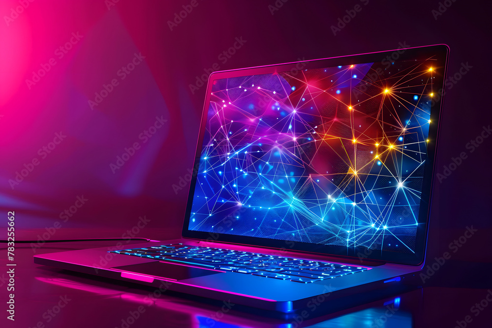 Computer notebook with futuristic network connection technology big data. Blue neon background. Computer notebook with futuristic network connection technology big data. Blue neon background.
