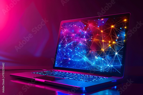 Computer notebook with futuristic network connection technology big data. Blue neon background.