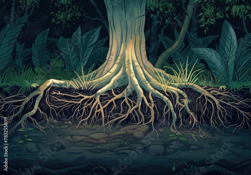 A nature-inspired illustration showing the intricate network of tree roots below the ground surrounded by forest underbrush.