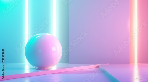 3D render of an abstract background with geometric shapes and neon lights, 2D illustration in the style of minimalistic design with pastel colors and soft lighting, a blue wall in the background and a