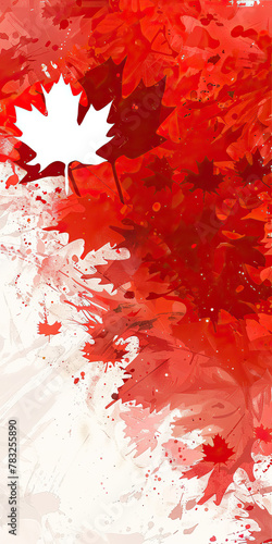 A red and white poster of a maple leaf with a forest background. The poster is titled 