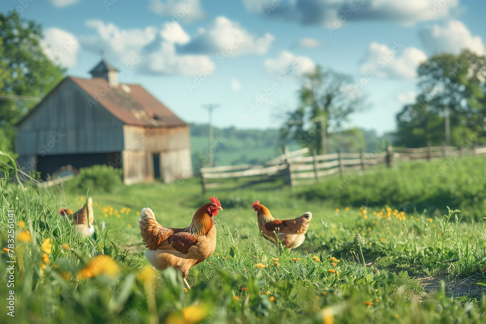 Fototapeta premium chickens walk on the grass near the farm