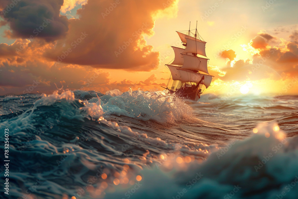 Sailing ship on ocean at sunset with dramatic sky