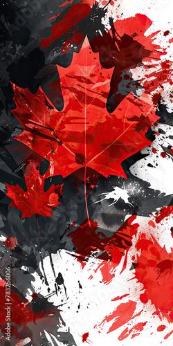 A red and white poster of a maple leaf with a forest background. The poster is titled  Canada 