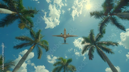 from below palm trees ,plane on the sky, summer