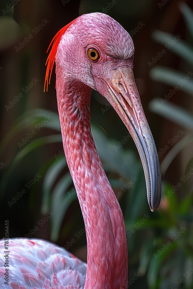 Fototapeta premium Close up view of a pink bird with a long neck in focus