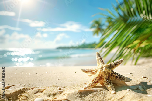 Starfish on sand at beach. Summer background.