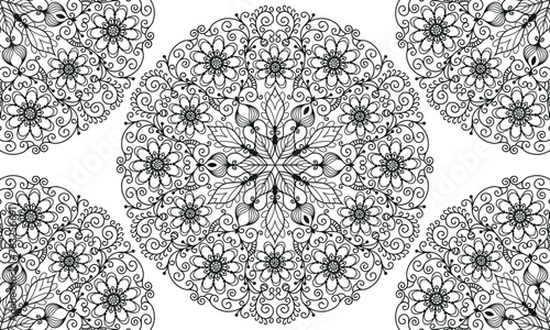 Vector vintage hand drawn monochrome seamless pattern with lacy mandalas on a transparent background