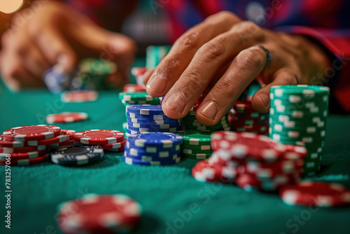 Poker player's hands close up on the table with chips and cards © vvalentine