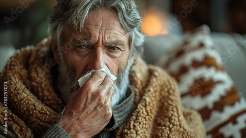 A 50-year-old man, sitting on the sofa with a blanket and wiping her nose with a napkin