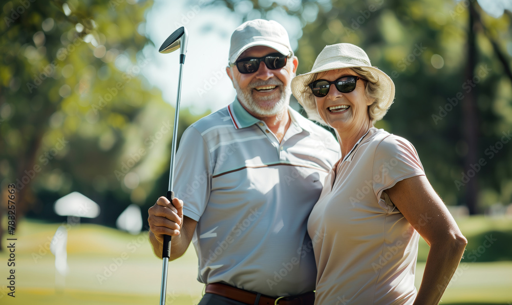 portrait of happy senior couple at golf club at summer, old retired man and woman playing golf and looking at camera portrait of happy senior couple at golf club at summer, old retired man and woman playing golf and looking at camera