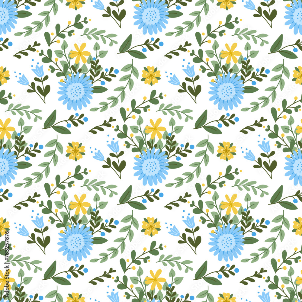 Composed abstract floral flowers and branches pattern. Springtime or summer concept on white background. Flat hand drawn colored items. Trendy print design for textile, wallpaper, interior, wrapping Composed abstract floral flowers and branches pattern. Springtime or summer concept on white background. Flat hand drawn colored items. Trendy print design for textile, wallpaper, interior, wrapping