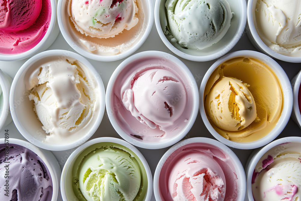 variety of ice cream flavors in small white bowls variety of ice cream flavors in small white bowls