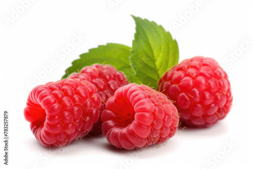 Four red ripe fresh raspberries with raspberry leaves on isolated white background. Organic farm food  fresh market  supermarket  healthy products.