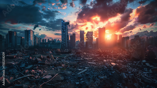 world after the apocalypse, destroyed city with skyscrapers, dark clouds and sunset in background, rubble on ground