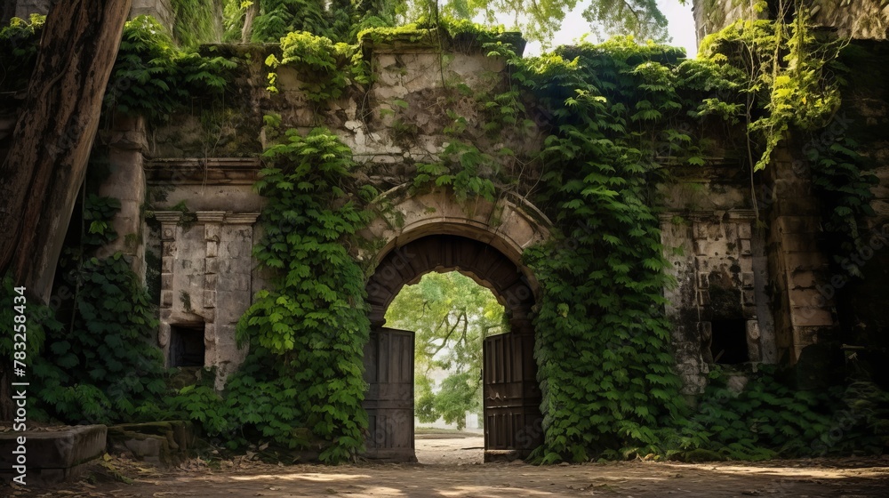 Fort entrance framed by lush ivy vines