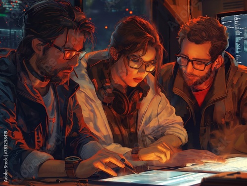 Three people are sitting at a table looking at a computer screen. Scene is serious and focused © MaxK