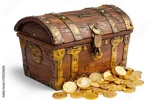 old treasure chest with coins isolated on white