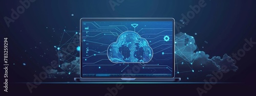 Futuristic Cloud Computing and Network Interface on Laptop Screen. A modern laptop displaying a dynamic cloud computing interface with intricate network connections and cogwheels photo