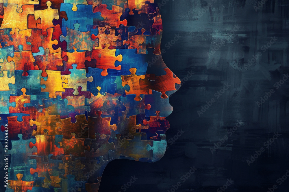 Human head formed from colorful jigsaw puzzle pieces on dark background ...