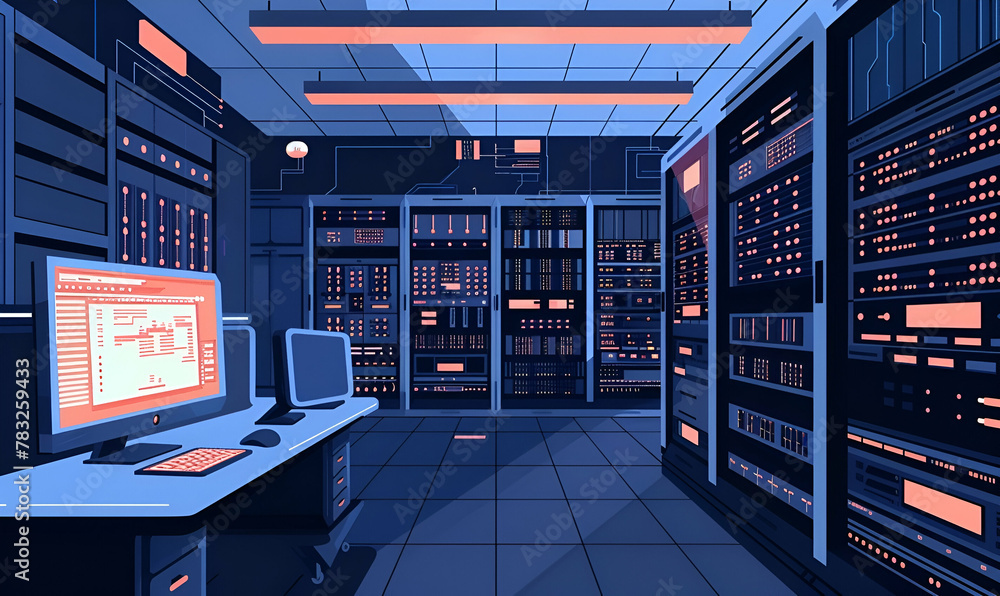 Server, computer room, black picture, flat illustration, minimalist, Highlight the sense of technology, mainly in Klein Blue


