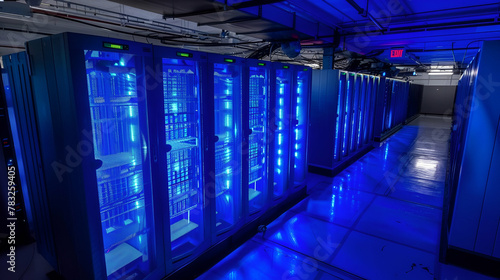blue-lit supercomputer, dark server room


