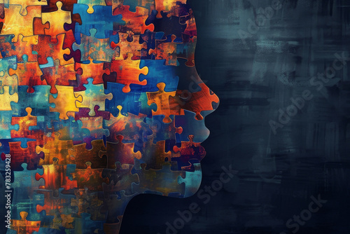 Human head formed from colorful jigsaw puzzle pieces on dark background. World autism awareness day, neurodiversity, mental health care, education, child development concept photo