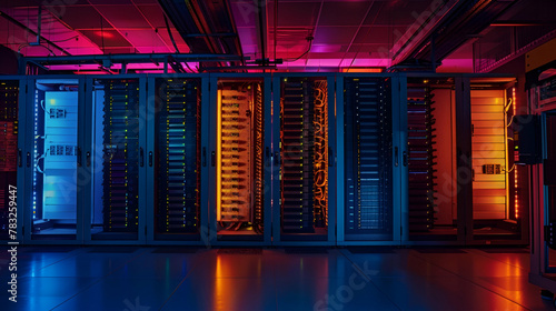 
High-Performance Computing server rack in a university lab, dark background, light orange and blue highlights in the center