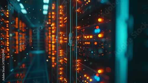  High-Performance Computing server rack in a university lab, dark background, light orange and blue highlights in the center