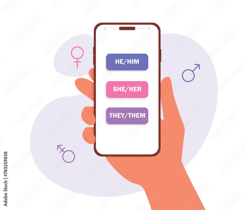 A person chooses a gender pronoun in app in a smartphone. Hand holding modern smartphone A person chooses a gender pronoun in app in a smartphone. Hand holding modern smartphone