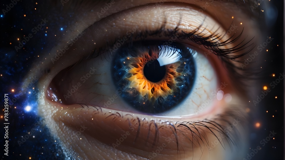 close-up of a young woman's eye in a galaxy far, far away. Humanity and its position in the universe - obrazy, fototapety, plakaty 