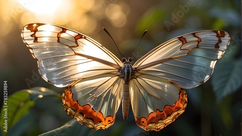 gorgeous transparent tropical butterfly against a backdrop of the setting sun