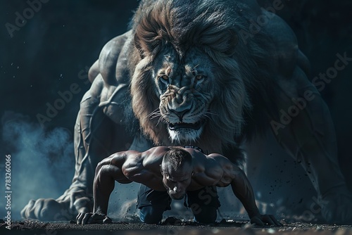 Muscular Man in Push-Up Position With A Lion Behind Him