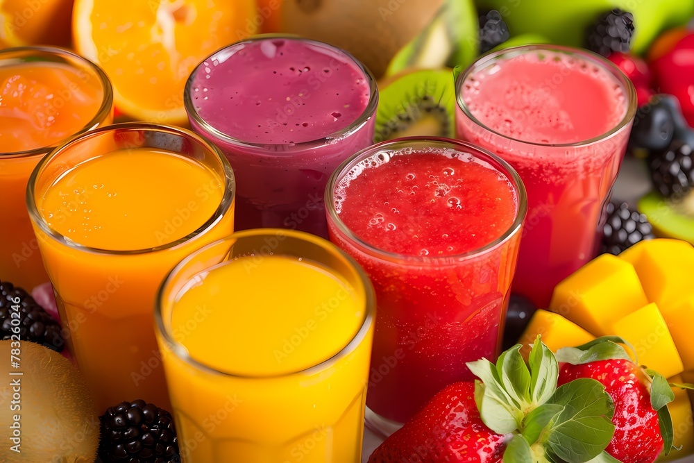 Colorful smoothies and fruit juice in glasses on the table, closeup. healthy food concept. Ai generated Colorful smoothies and fruit juice in glasses on the table, closeup. healthy food concept. Ai generated