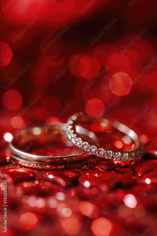 Wedding rings placed on a red surface, suitable for wedding or engagement concepts Wedding rings placed on a red surface, suitable for wedding or engagement concepts