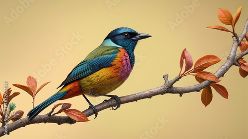 Enchanting bird perched on a branch. Pastel background. Generative AI.
