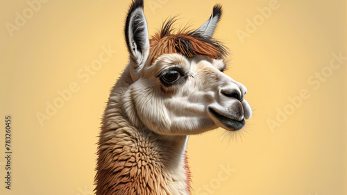 Beautiful llama on a pastel background. The llama has a lot of fur. Generative AI.