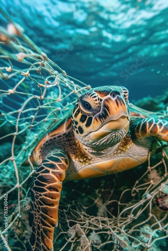 A turtle trapped in a fishing net  suitable for environmental awareness campaigns