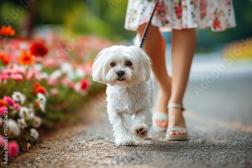 A woman is walking her dog on a sidewalk. The dog is white and he is small