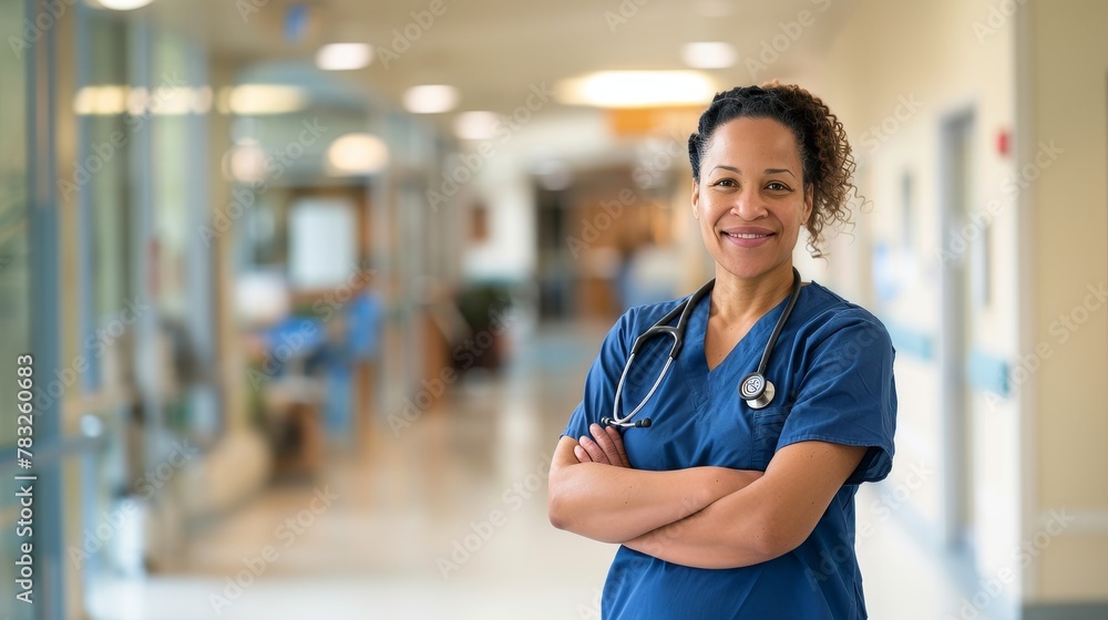 Friendly Nurse with Stethoscope in Hospital Hallway. Friendly Nurse with Stethoscope in Hospital Hallway.