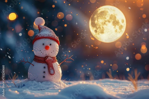 A snowman standing in the snow with a full moon in the background. Suitable for winter and Christmas themes