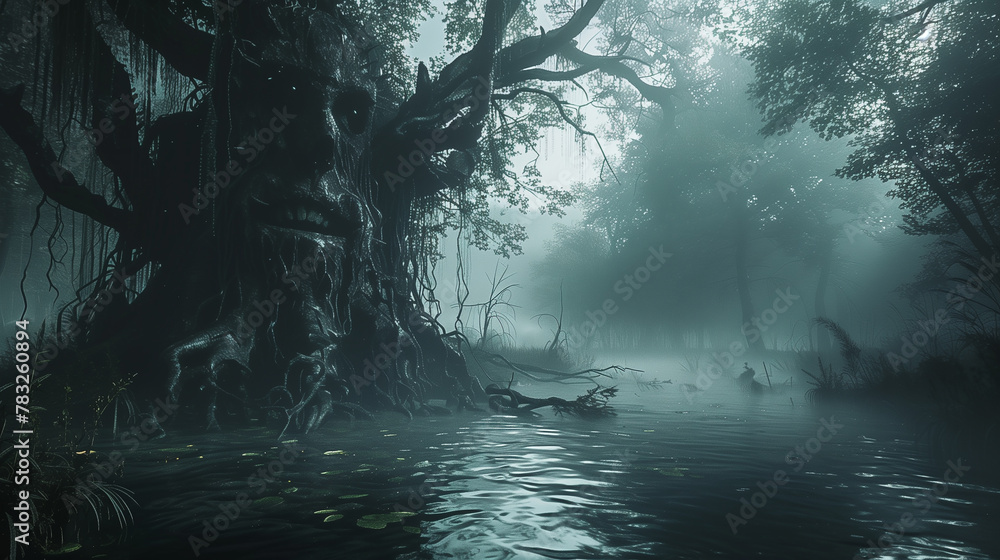 A cursed swamp haunted by vengeful spirits and cursed creatures - obrazy, fototapety, plakaty 