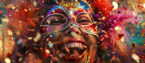 A woman wearing a carnival mask with confetti falling around her. Suitable for festive and party concepts