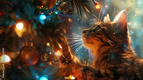 A cat looking up at a decorated Christmas tree, perfect for holiday designs