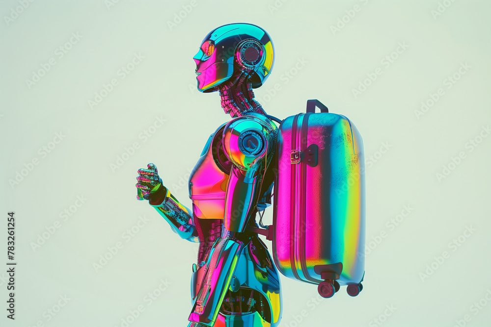 A robot with a suitcase, neon colors