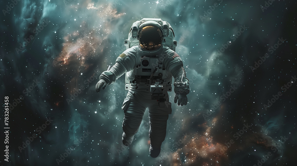 Single astronaut floating in space with dust and stars Single astronaut floating in space with dust and stars